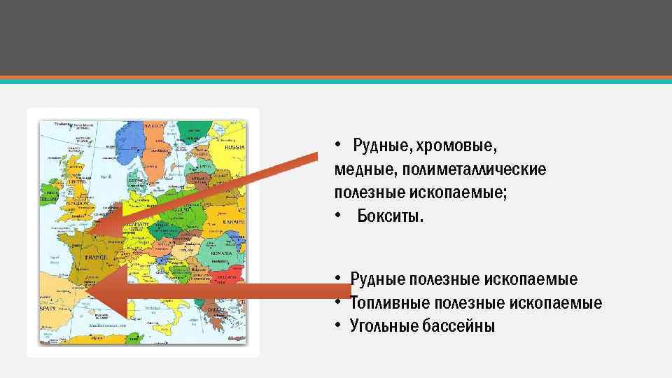  • Рудные, хромовые, медные, полиметаллические полезные ископаемые; • Бокситы. • Рудные полезные ископаемые