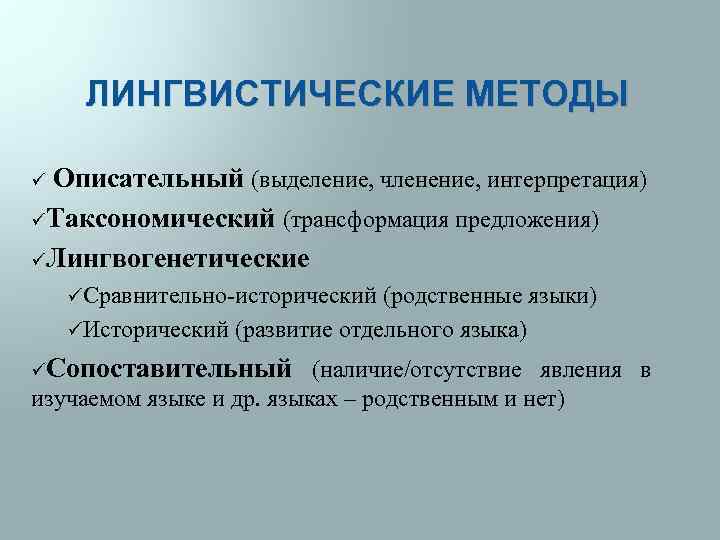 Лингвистическая точка зрения. Лингвистические методы исследования. Методы изучения лингвистики. Основные методы лингвистических исследований. Методика и лингвистика.