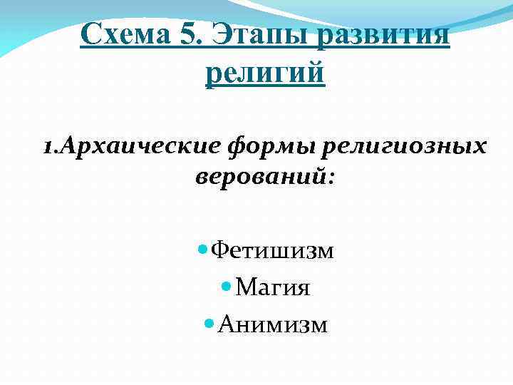 Схема 5. Этапы развития религий 1. Архаические формы религиозных верований: Фетишизм Магия Анимизм 