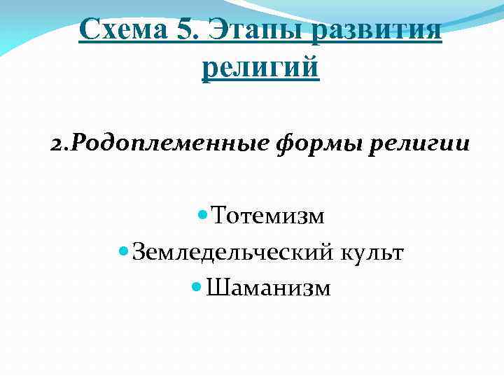 Схема 5. Этапы развития религий 2. Родоплеменные формы религии Тотемизм Земледельческий культ Шаманизм 