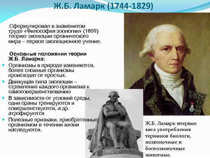 Ж. Б. Ламарк (1744 -1829) Сформулировал в знаменитом труде «Философия зоологии» (1809) теорию эволюции