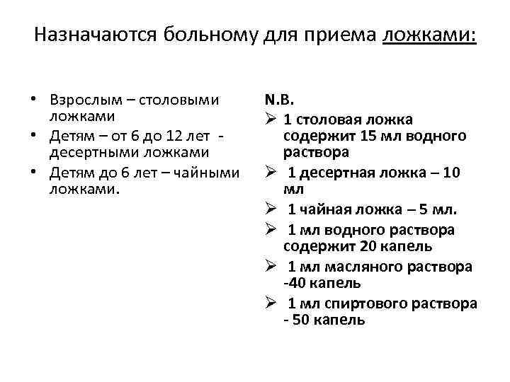 Назначаются больному для приема ложками: • Взрослым – столовыми ложками • Детям – от