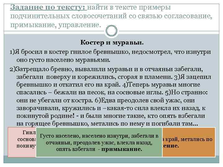 Задание по тексту: найти в тексте примеры подчинительных словосочетаний со связью согласование, примыкание, управление.