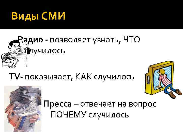 Виды СМИ Радио - позволяет узнать, ЧТО случилось TV- показывает, КАК случилось Пресса –