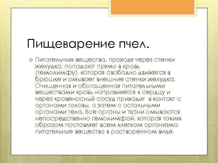 Пищеварение пчел. Питательные вещества, проходя через стенки желудка, попадают прямо в кровь (гемолимфу), которая