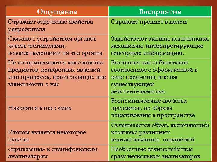 Ощущение Восприятие Отражает отдельные свойства радражителя Отражает предмет в целом Связано с устройством органов