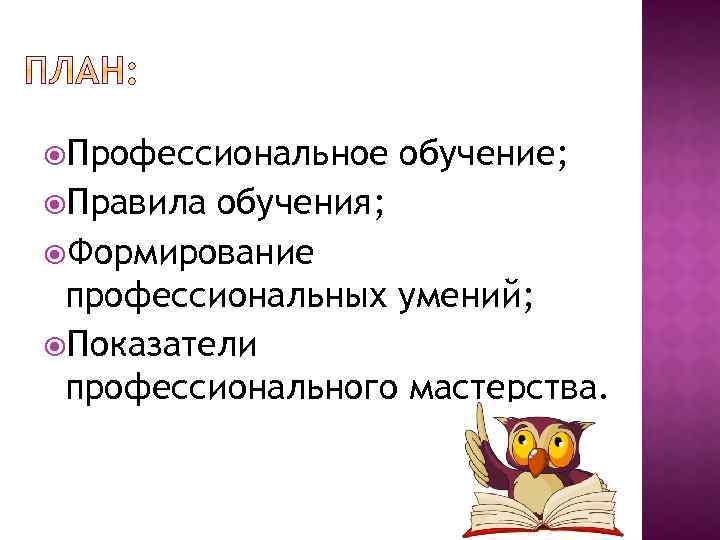  Профессиональное Правила обучение; обучения; Формирование профессиональных умений; Показатели профессионального мастерства. 