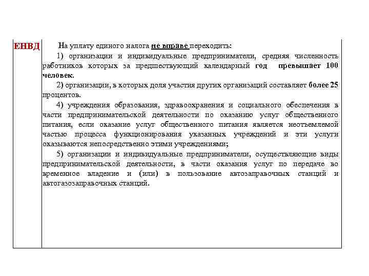 ЕНВД На уплату единого налога не вправе переходить: 1) организации и индивидуальные предприниматели, средняя