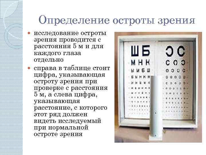 Определение остроты зрения исследование остроты зрения проводится с расстояния 5 м и для каждого