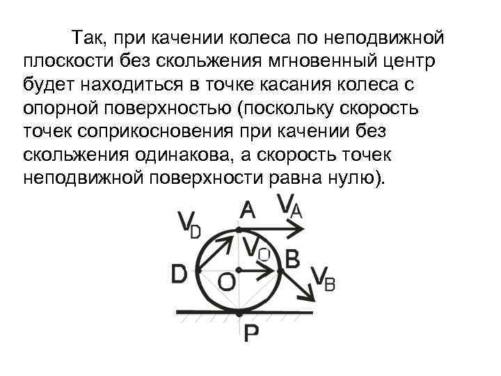 Так, при качении колеса по неподвижной плоскости без скольжения мгновенный центр будет находиться в