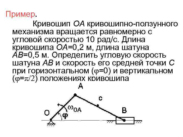 Пример. Кривошип ОА кривошипно-ползунного механизма вращается равномерно с угловой скоростью 10 рад/с. Длина кривошипа