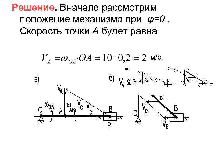 Решение. Вначале рассмотрим положение механизма при φ=0. Скорость точки А будет равна м/с. 