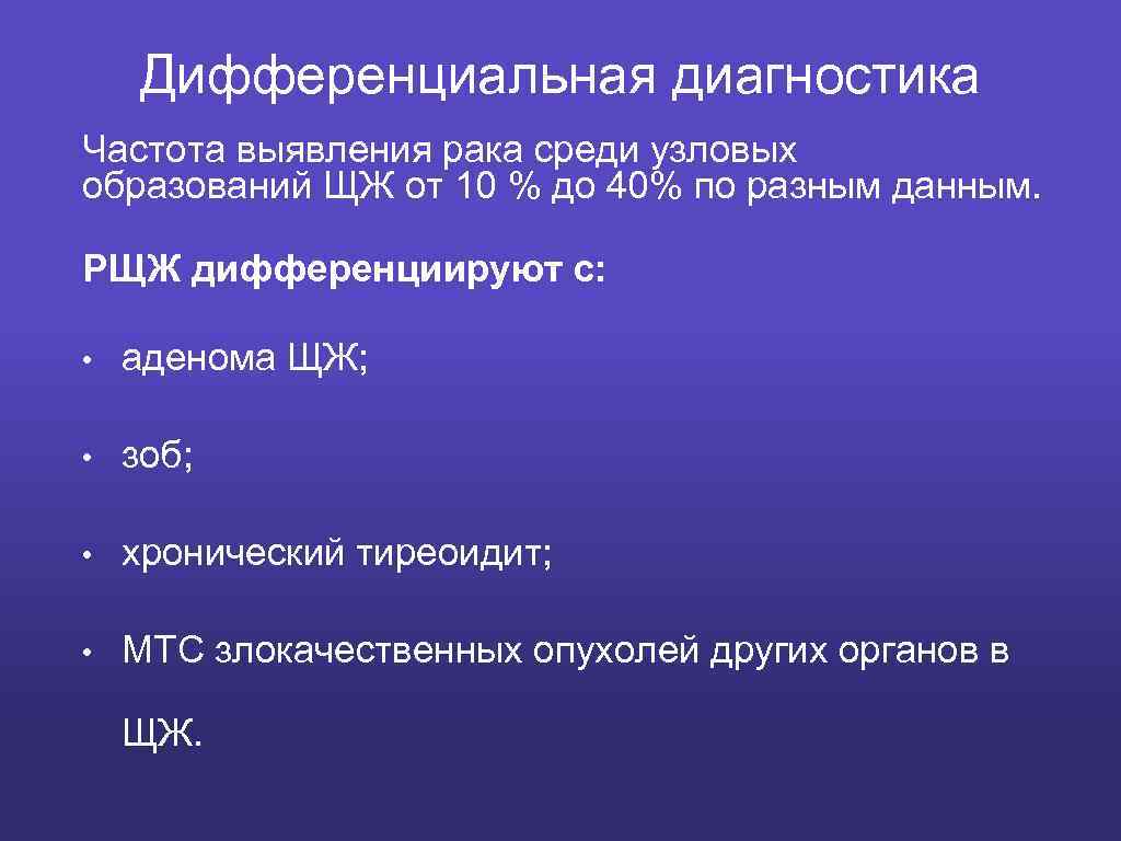 Дифференциальная диагностика Частота выявления рака среди узловых образований ЩЖ от 10 % до 40%