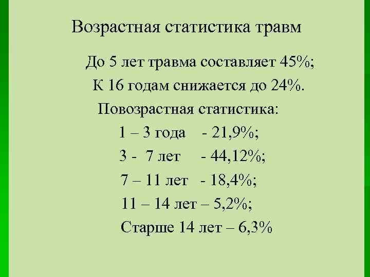 Возрастная статистика травм До 5 лет травма составляет 45%; К 16 годам снижается до