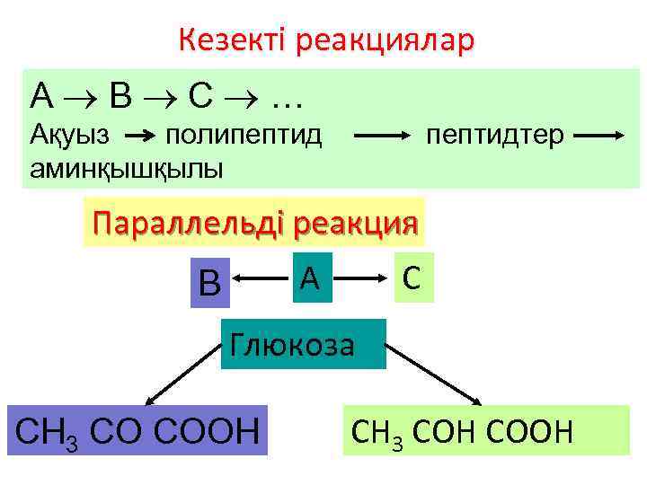 Кезекті реакциялар А B C … Ақуыз полипептид пептидтер аминқышқылы Параллельді реакция A B