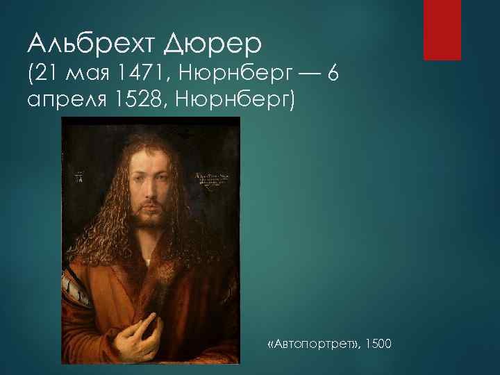 Альбрехт Дюрер (21 мая 1471, Нюрнберг — 6 апреля 1528, Нюрнберг) «Автопортрет» , 1500