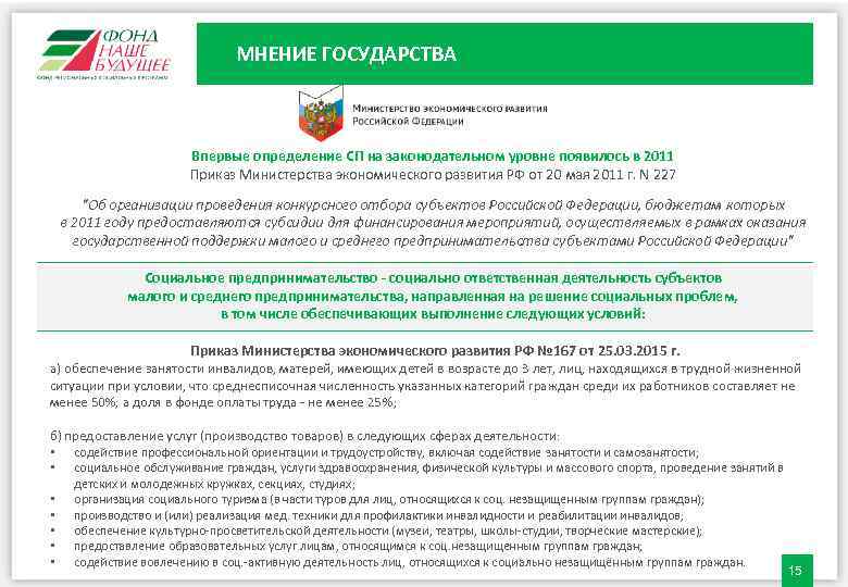 МНЕНИЕ ГОСУДАРСТВА Впервые определение СП на законодательном уровне появилось в 2011 Приказ Министерства экономического