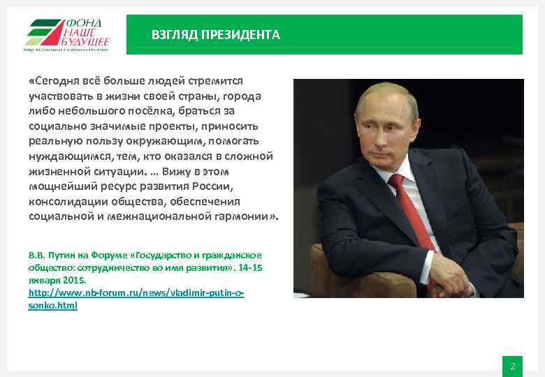 ВЗГЛЯД ПРЕЗИДЕНТА «Сегодня всё больше людей стремится участвовать в жизни своей страны, города либо