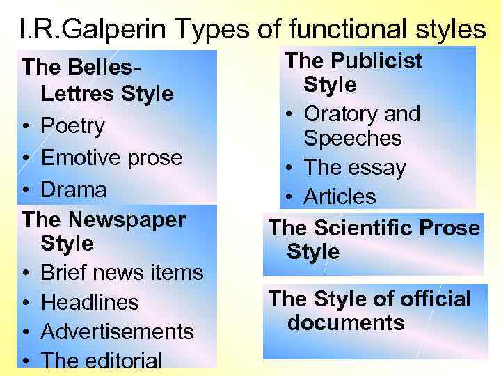 I. R. Galperin Types of functional styles The Belles. Lettres Style • Poetry •