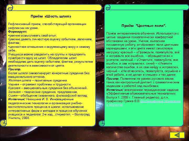 Приём «Шесть шляп» Рефлексивный прием, способствующий организации рефлексии на уроке. Формирует: • умение осмысливать