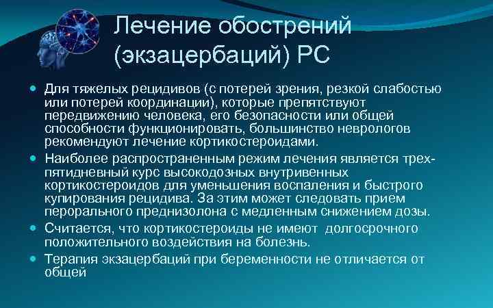 Лечение обострений (экзацербаций) РС Для тяжелых рецидивов (с потерей зрения, резкой слабостью или потерей