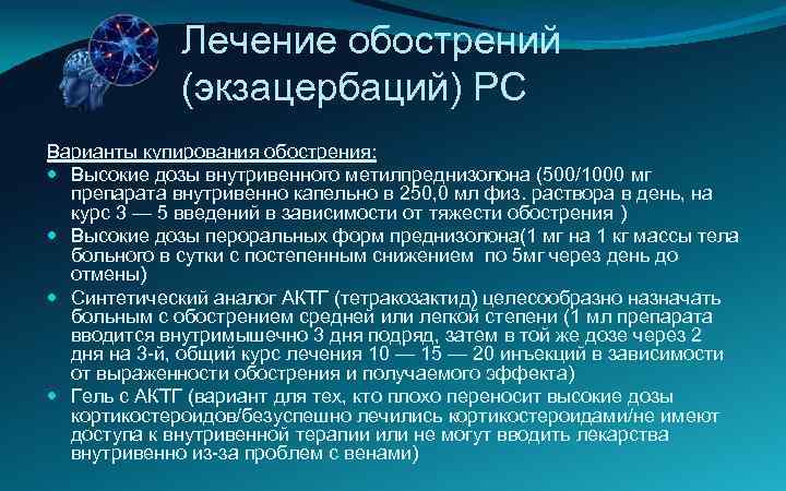 Лечение обострений (экзацербаций) РС Варианты купирования обострения: Высокие дозы внутривенного метилпреднизолона (500/1000 мг препарата
