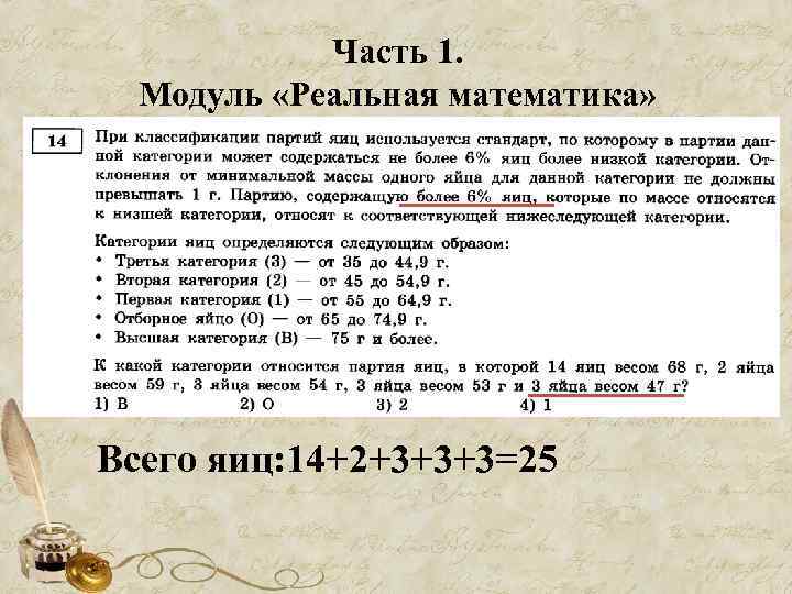 Часть 1. Модуль «Реальная математика» Всего яиц: 14+2+3+3+3=25 