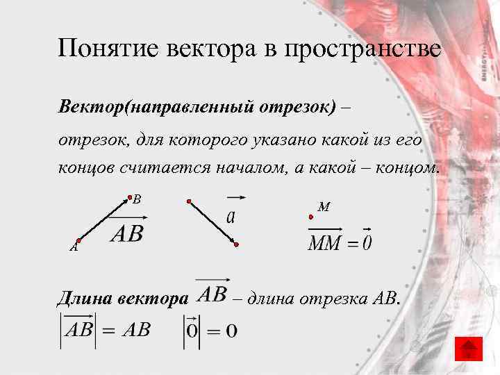 Понятие вектора в пространстве Вектор(направленный отрезок) – отрезок, для которого указано какой из его