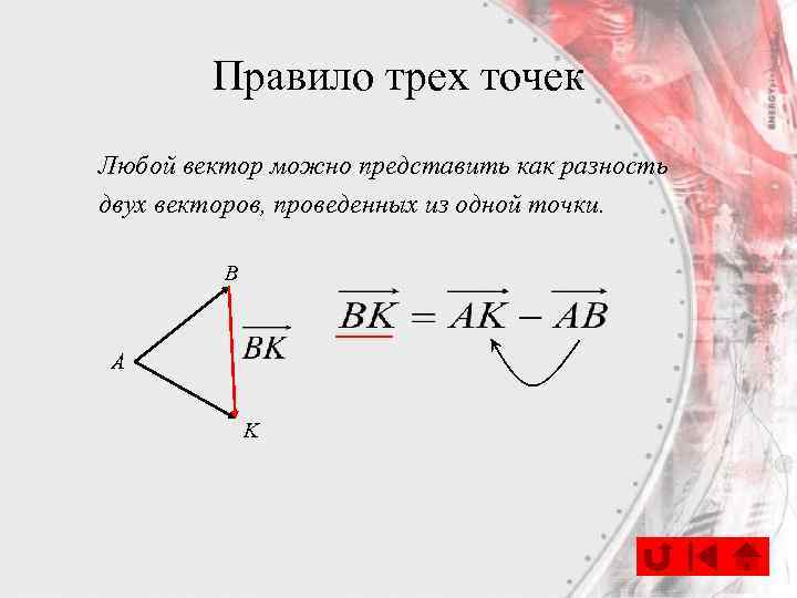 Правило трех точек Любой вектор можно представить как разность двух векторов, проведенных из одной