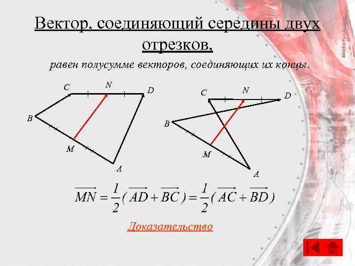 Вектор, соединяющий середины двух отрезков, равен полусумме векторов, соединяющих их концы. С N D