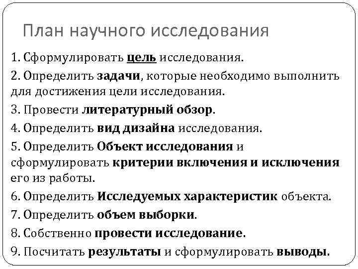 План научного исследования 1. Сформулировать цель исследования. 2. Определить задачи, которые необходимо выполнить для