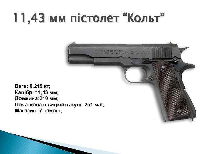 11, 43 мм пістолет “Кольт” Вага: 0, 219 кг; Калібр: 11, 43 мм; Довжина:
