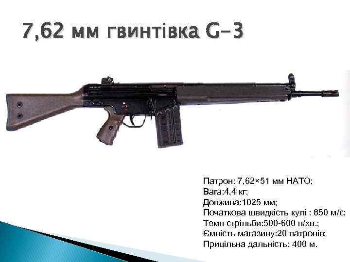 7, 62 мм гвинтівка G-3 Патрон: 7, 62× 51 мм НАТО; Вага: 4, 4