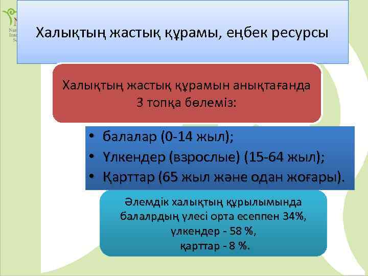 Халықтың жастық құрамы, еңбек ресурсы Халықтың жастық құрамын анықтағанда 3 топқа бөлеміз: • •