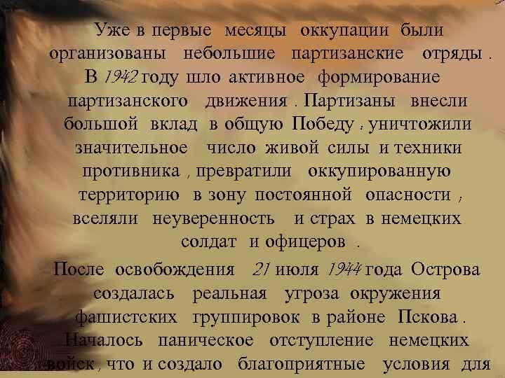 Уже в первые месяцы оккупации были организованы небольшие партизанские отряды. В 1942 году шло