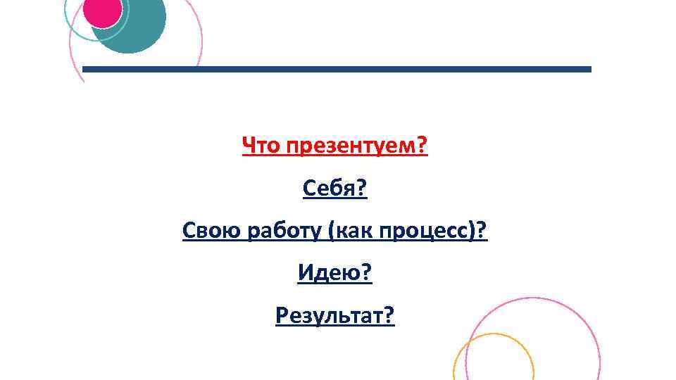 Что презентуем? Себя? Свою работу (как процесс)? Идею? Результат? 