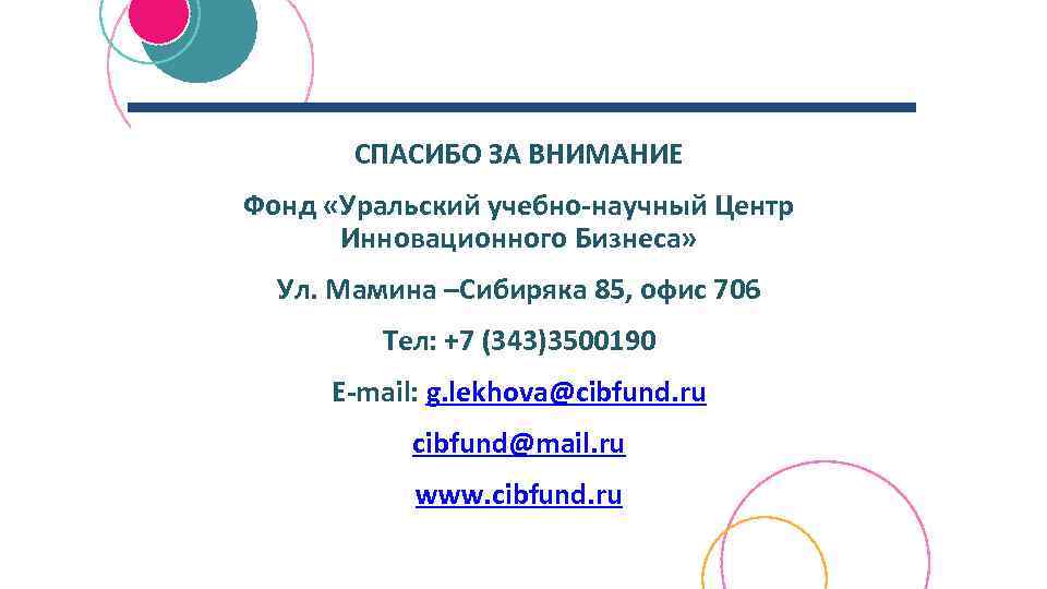 СПАСИБО ЗА ВНИМАНИЕ Фонд «Уральский учебно-научный Центр Инновационного Бизнеса» Ул. Мамина –Сибиряка 85, офис