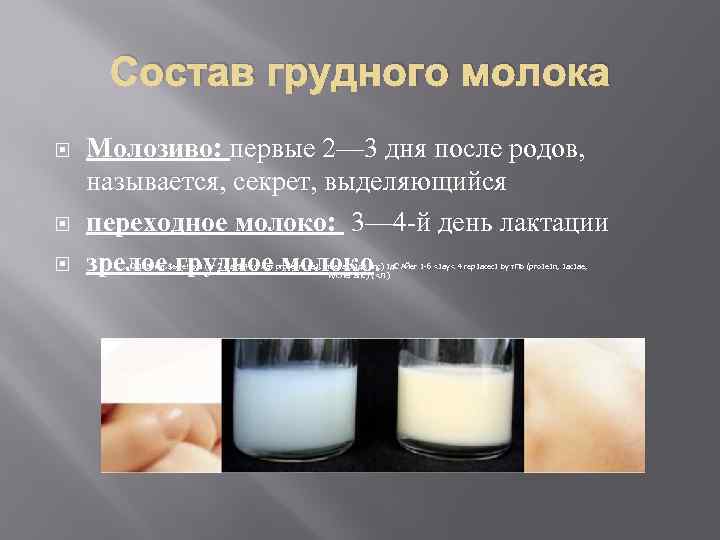 Состав грудного молока Молозиво: первые 2— 3 дня после родов, называется, секрет, выделяющийся переходное