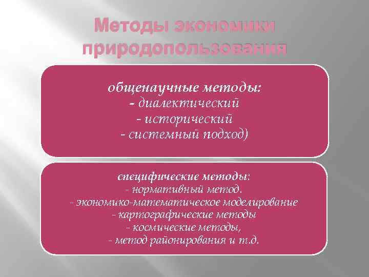 Методы экономики природопользования общенаучные методы: - диалектический - исторический - системный подход) специфические методы: