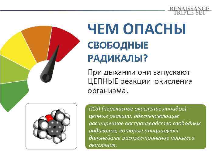 ЧЕМ ОПАСНЫ СВОБОДНЫЕ РАДИКАЛЫ? При дыхании они запускают ЦЕПНЫЕ реакции окисления организма. ПОЛ (перекисное