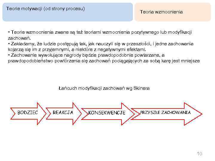 Teorie motywacji (od strony procesu) Teoria wzmocnienia • Teorie wzmocnienia zwane są też teoriami