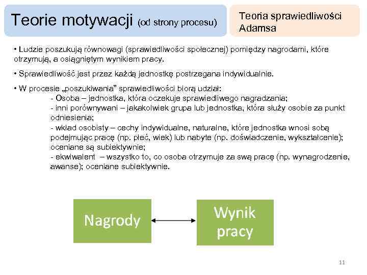 Teorie motywacji (od strony procesu) Teoria sprawiedliwości Adamsa • Ludzie poszukują równowagi (sprawiedliwości społecznej)