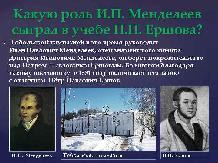 Какую роль И. П. Менделеев сыграл в учебе П. П. Ершова? Ø Тобольской гимназией