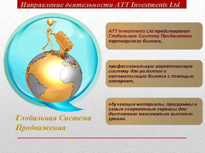 Направление деятельности ATT Investments Ltd представляет Глобальную Систему Продвижения партнерского бизнеса, профессиональную маркетинговую систему