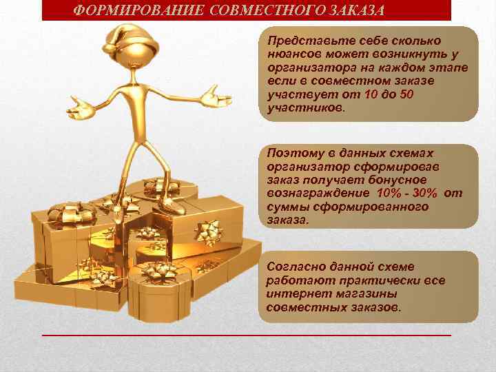 ФОРМИРОВАНИЕ СОВМЕСТНОГО ЗАКАЗА Представьте себе сколько нюансов может возникнуть у организатора на каждом этапе