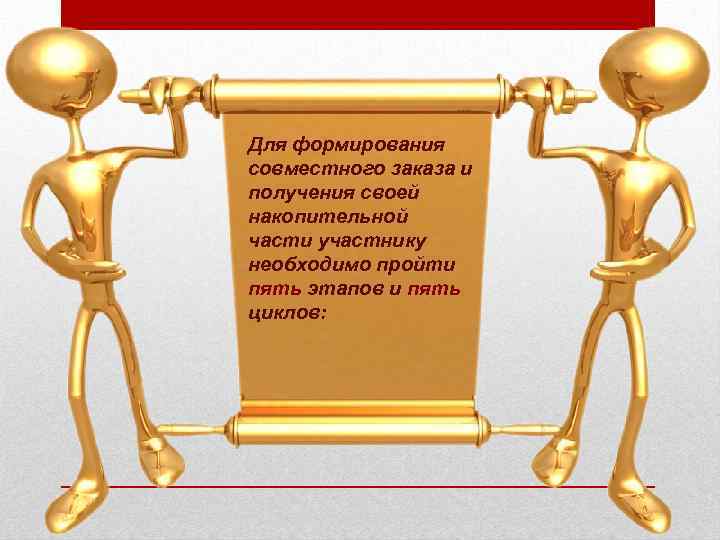 Для формирования совместного заказа и получения своей накопительной части участнику необходимо пройти пять этапов