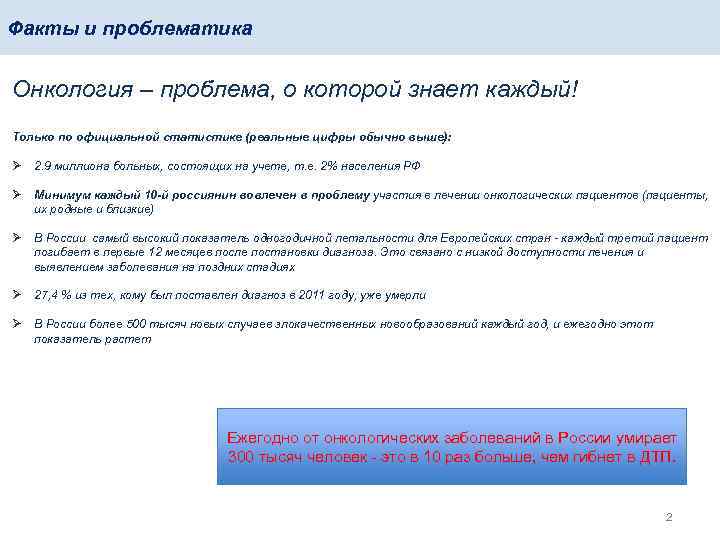 Факты и проблематика Онкология – проблема, о которой знает каждый! Только по официальной статистике