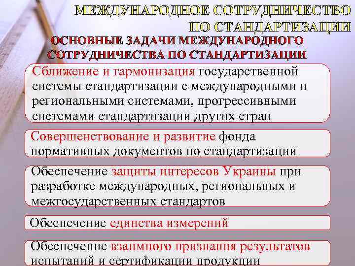 МЕЖДУНАРОДНОЕ СОТРУДНИЧЕСТВО ПО СТАНДАРТИЗАЦИИ ОСНОВНЫЕ ЗАДАЧИ МЕЖДУНАРОДНОГО СОТРУДНИЧЕСТВА ПО СТАНДАРТИЗАЦИИ Сближение и гармонизация государственной