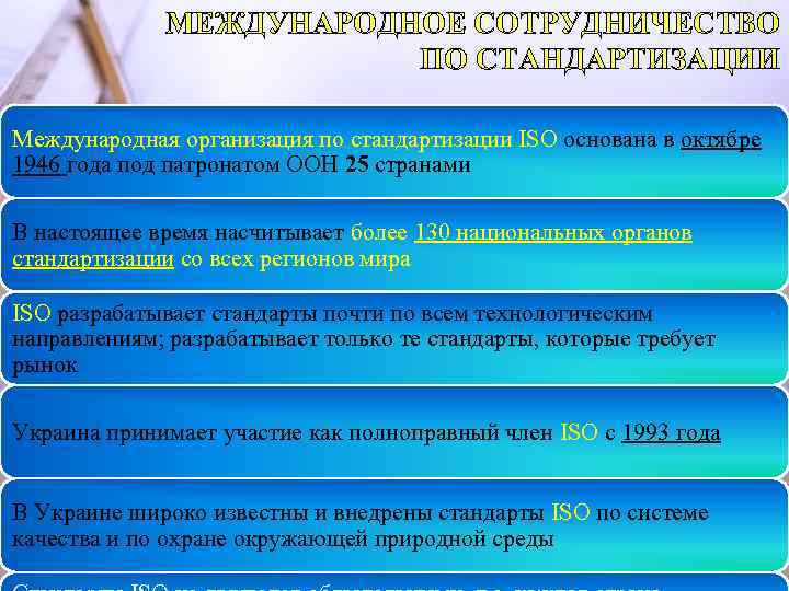 МЕЖДУНАРОДНОЕ СОТРУДНИЧЕСТВО ПО СТАНДАРТИЗАЦИИ Международная организация по стандартизации ISO основана в октябре 1946 года