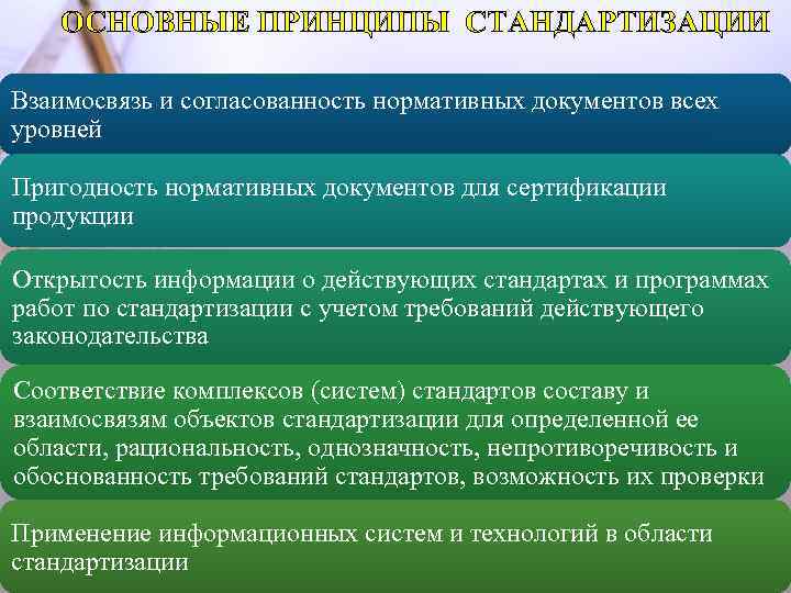 ОСНОВНЫЕ ПРИНЦИПЫ СТАНДАРТИЗАЦИИ Взаимосвязь и согласованность нормативных документов всех уровней Пригодность нормативных документов для